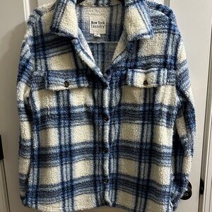New York Laundry Blue and Cream Plaid Sherpa Jacket